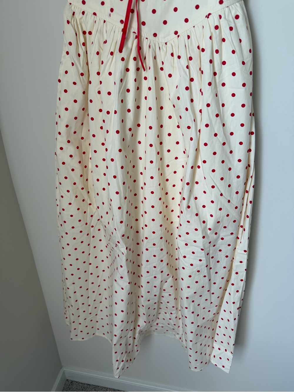 Cream red polka dot cotton spaghetti strap Midi Sundress - Picture 3 of 8